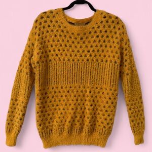 Fuzzy textured polka dot knit sweater • mustard yellow bubble stitch pullover